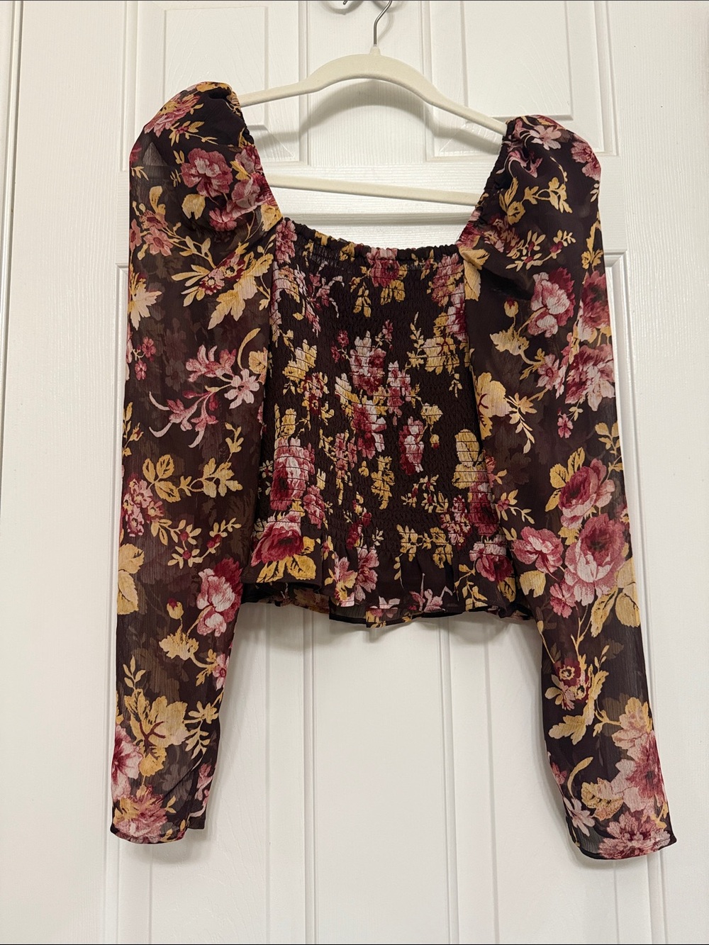 Express Floral Smocked Puff-Sleeve Top in Dark Brown, Pink and Mustard - Picture 3 of 3